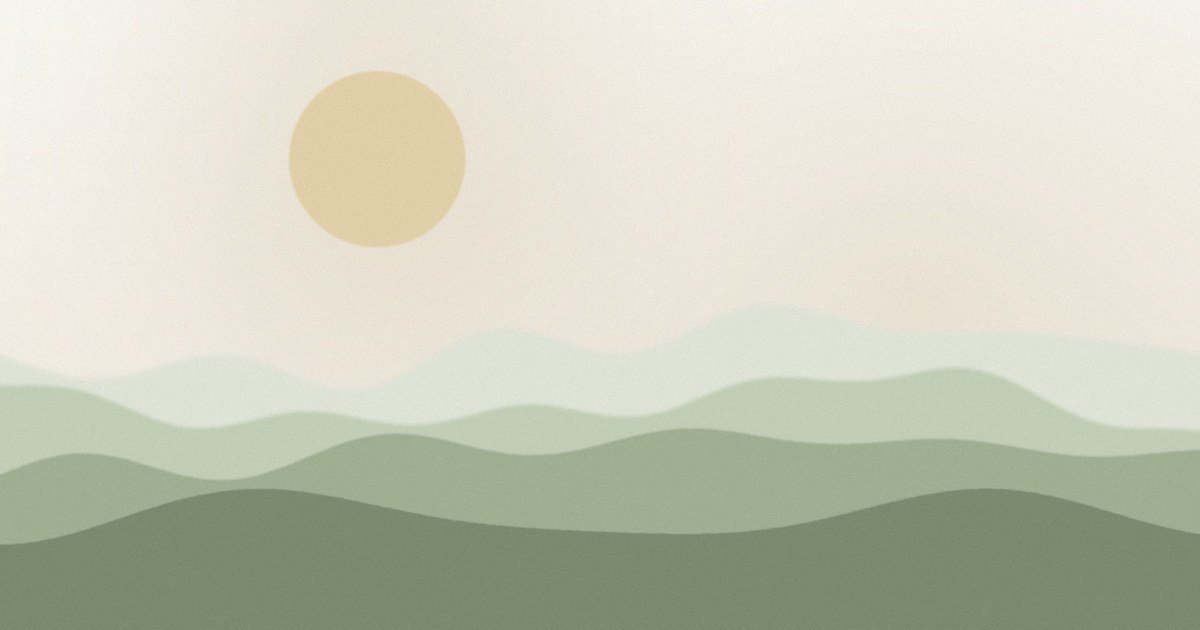 A pale sun above soft green hills, in muted tones.
