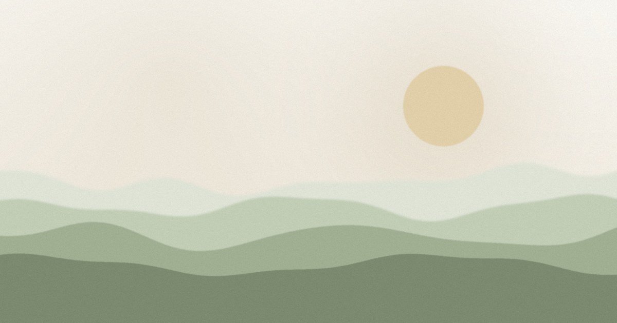 Eine blasse Sonne über sanften grünen Hügeln, in gedämpften Farben.