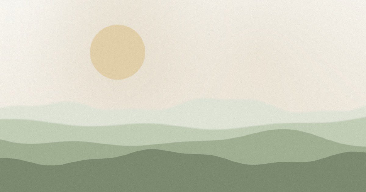 Un soleil pâle au-dessus de douces collines vertes, aux tons apaisés.